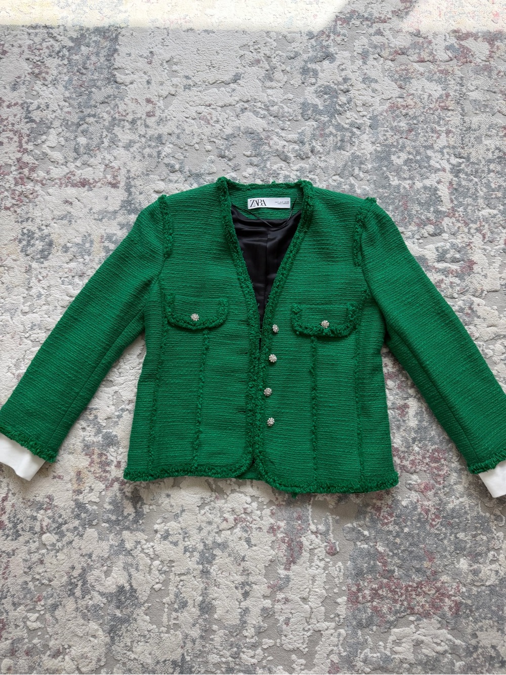 Zara Emerald Green Tweed Pearl-Button Jacket
